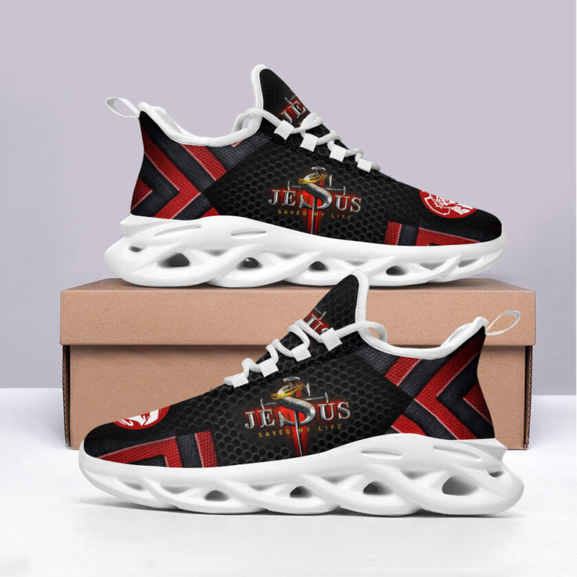 Jesus Saved My Life Running Sneakers Black And Red Max Soul Shoes  For Men And Women - Image 3