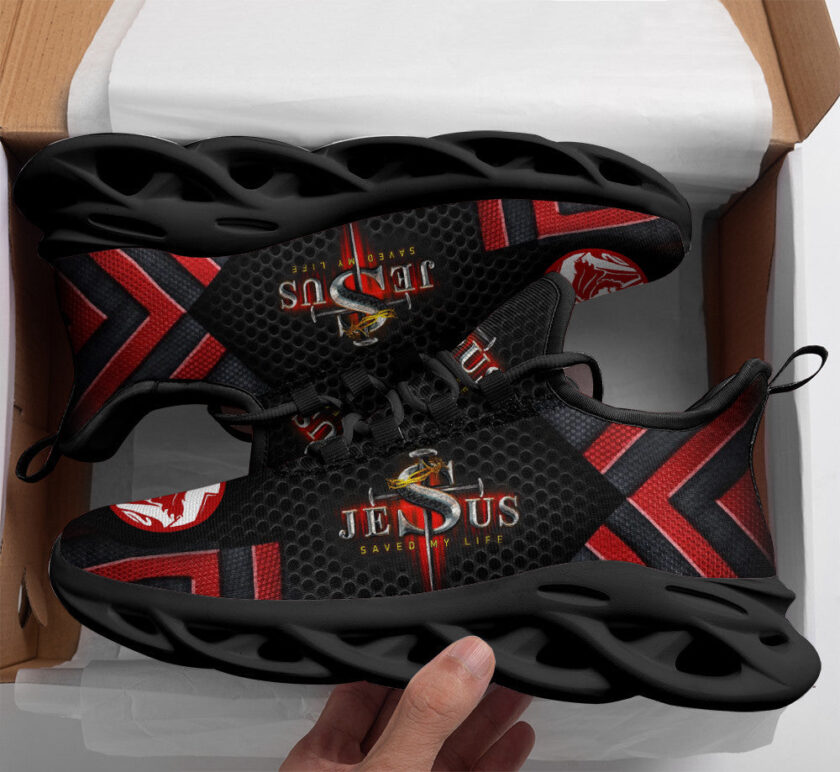 Jesus Saved My Life Running Sneakers Black And Red Max Soul Shoes  For Men And Women - Image 2