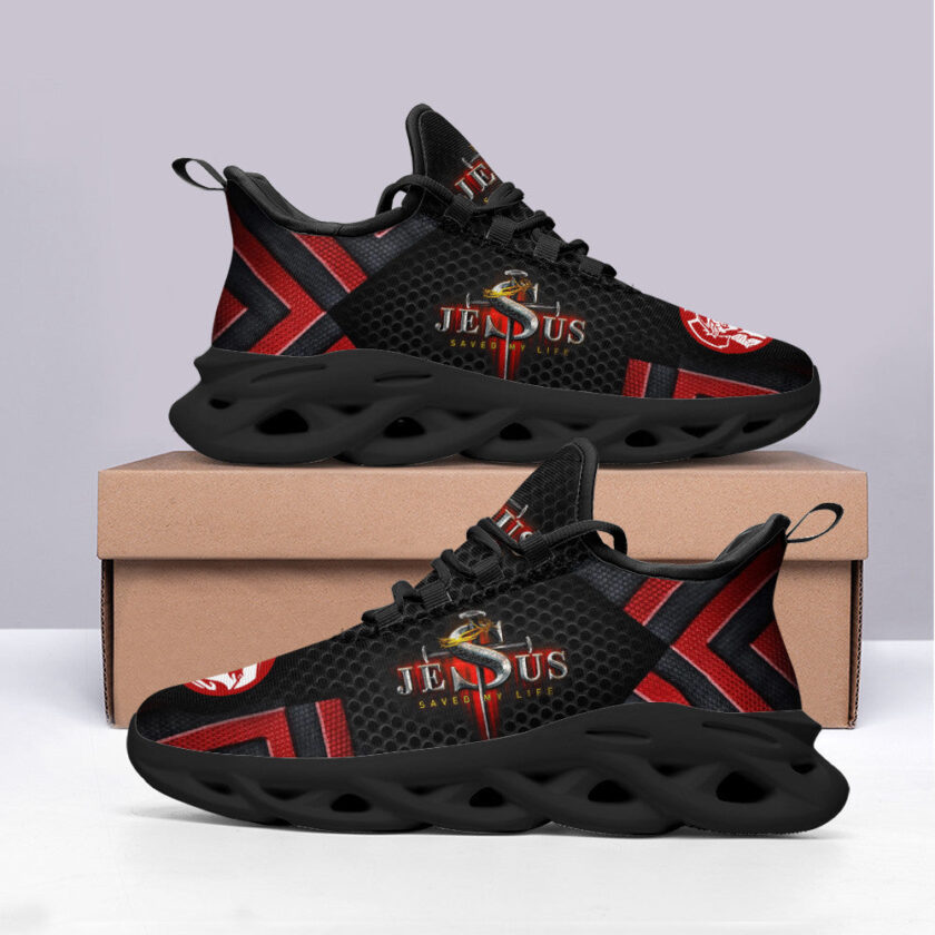 Jesus Saved My Life Running Sneakers Black And Red Max Soul Shoes  For Men And Women - Image 4