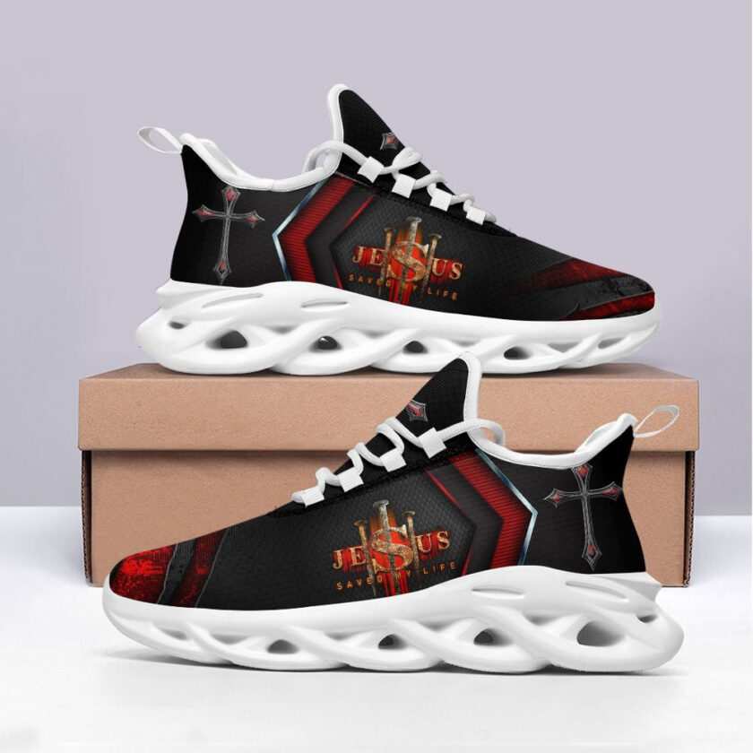 Jesus Saved My Life Running Sneakers Black Red Max Soul Shoes  For Men And Women