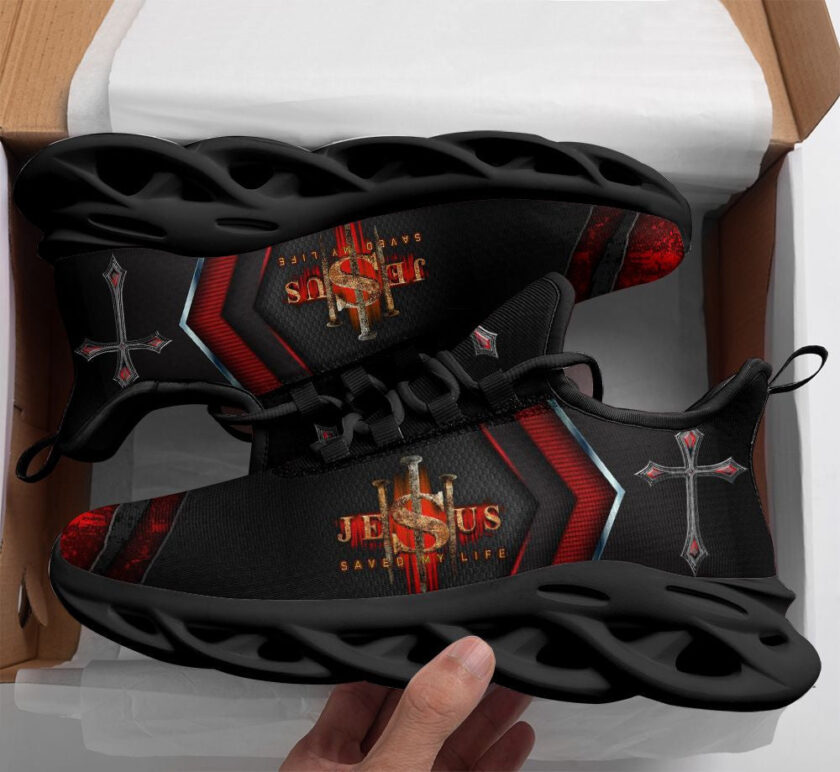 Jesus Saved My Life Running Sneakers Black Red Max Soul Shoes  For Men And Women - Image 2
