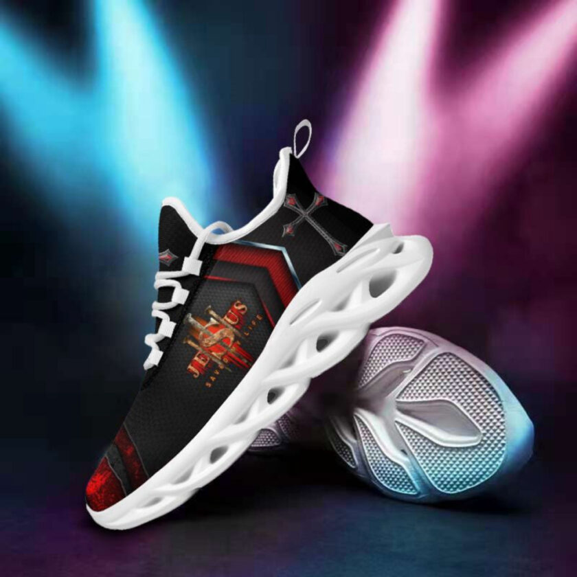 Jesus Saved My Life Running Sneakers Black Red Max Soul Shoes  For Men And Women - Image 3