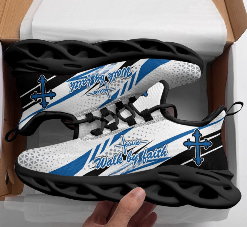 Jesus Walk By Faith Blue Running Sneakers Max Soul Shoes For Men And Women - Image 2