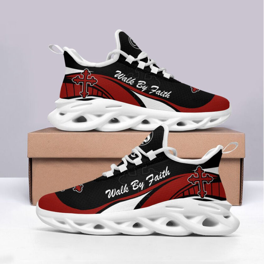 Jesus Walk By Faith Red And Black Running Sneakers Max Soul Shoes  For Men And Women - Image 3