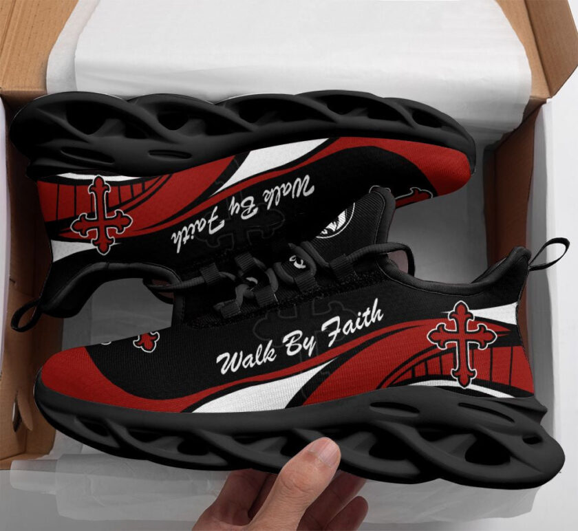 Jesus Walk By Faith Red And Black Running Sneakers Max Soul Shoes  For Men And Women - Image 2