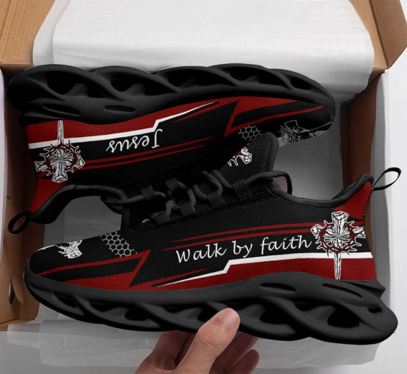 Jesus Walk By Faith Red Black Running Sneakers 3 Max Soul Shoes  For Men And Women - Image 2