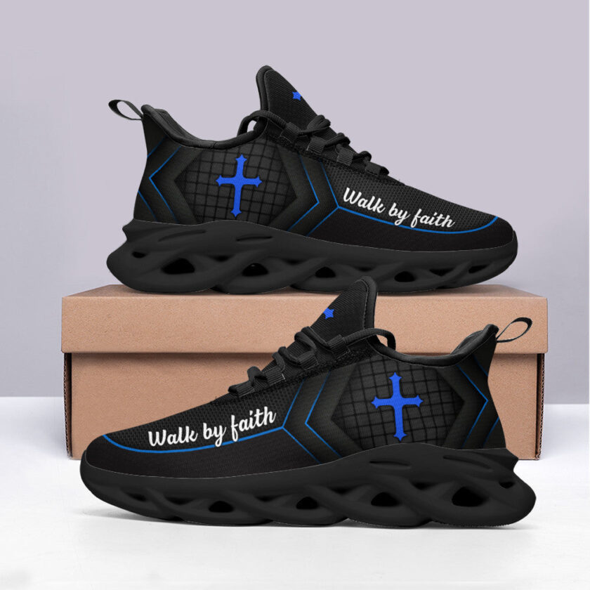 Jesus Walk By Faith Running Sneakers Black 2 Max Soul Shoes  For Men And Women - Image 2