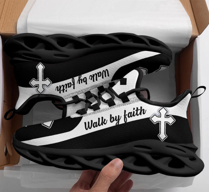 Jesus Walk By Faith Running Sneakers Black White 2 Max Soul Shoes  For Men And Women - Image 2