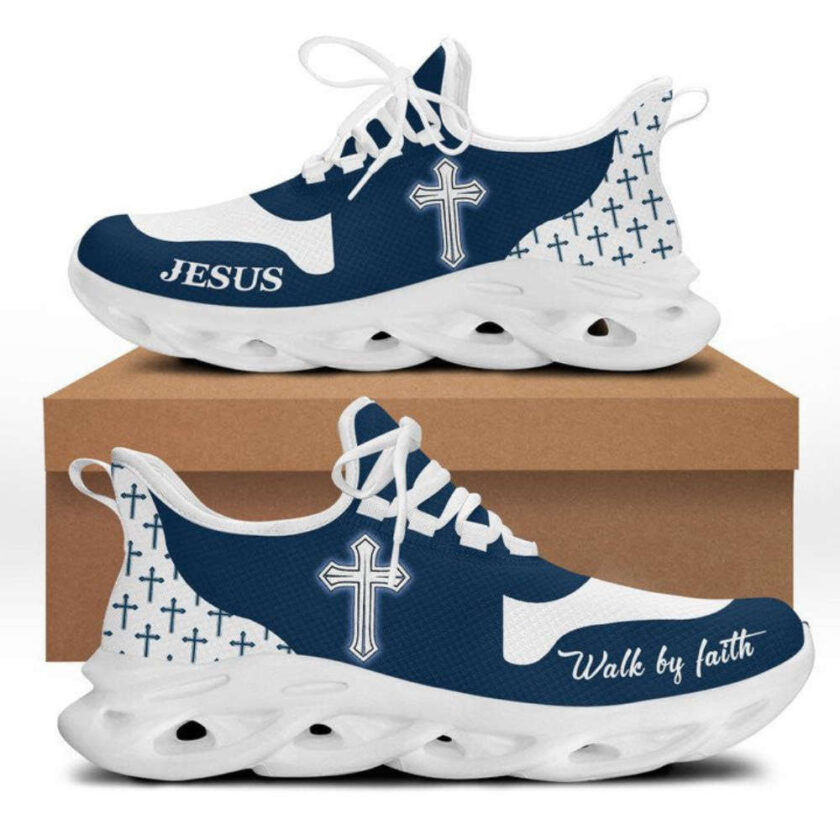 Jesus Walk By Faith Running Sneakers Blue White Max Soul Shoes  For Men And Women - Image 2