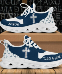 Jesus Walk By Faith Running Sneakers Blue White Max Soul Shoes  For Men And Women