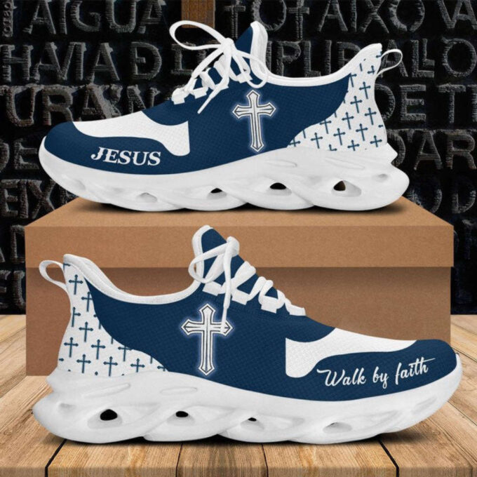 Jesus Walk By Faith Running Sneakers Blue White Max Soul Shoes  For Men And Women