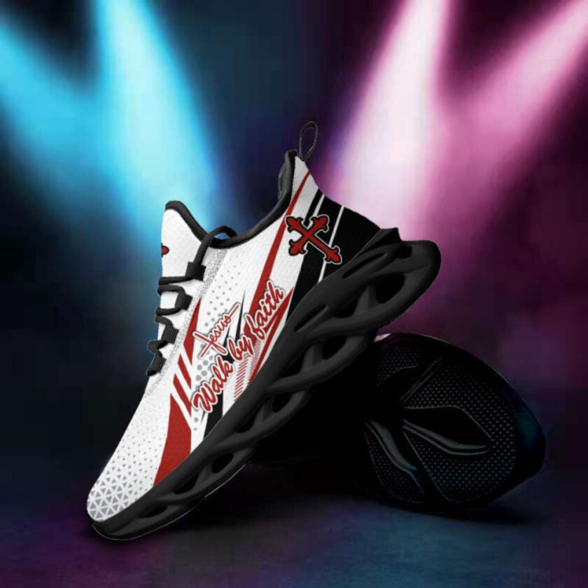 Jesus Walk By Faith Running Sneakers Red And White Max Soul Shoes  For Men And Women - Image 3