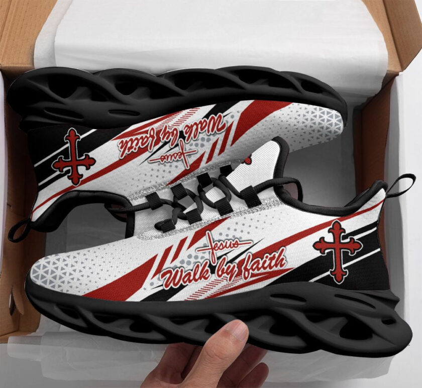 Jesus Walk By Faith Running Sneakers Red And White Max Soul Shoes  For Men And Women - Image 2
