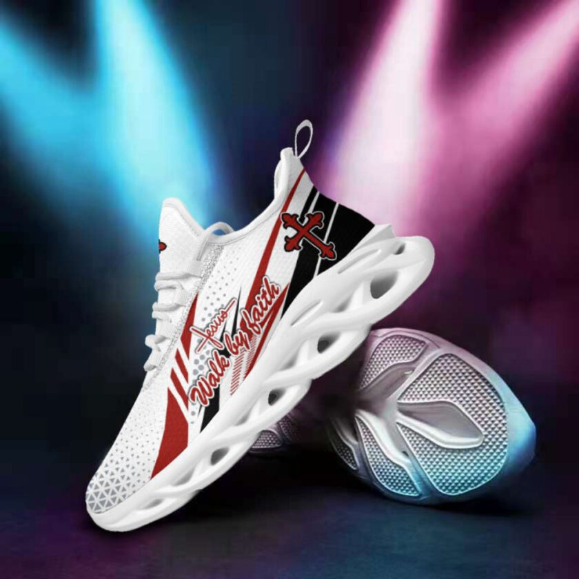 Jesus Walk By Faith Running Sneakers Red And White Max Soul Shoes  For Men And Women - Image 4