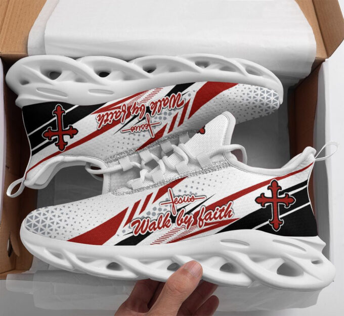 Jesus Walk By Faith Running Sneakers Red And White Max Soul Shoes  For Men And Women