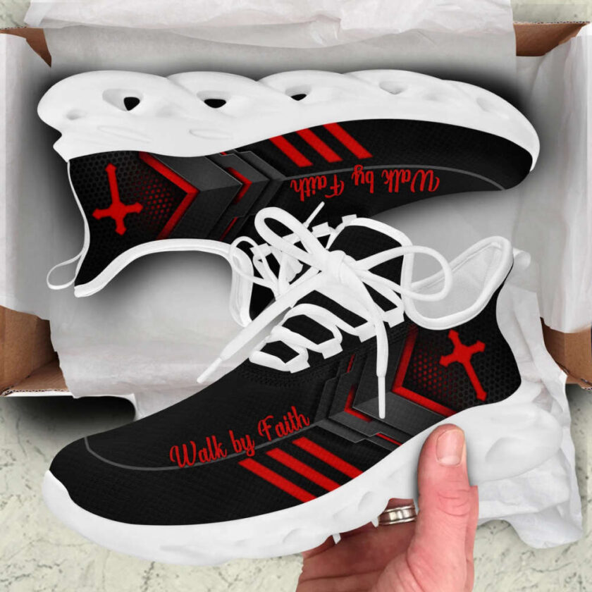 Jesus Walk By Faith Running Sneakers Red Black 3 Max Soul Shoes  For Men And Women - Image 4