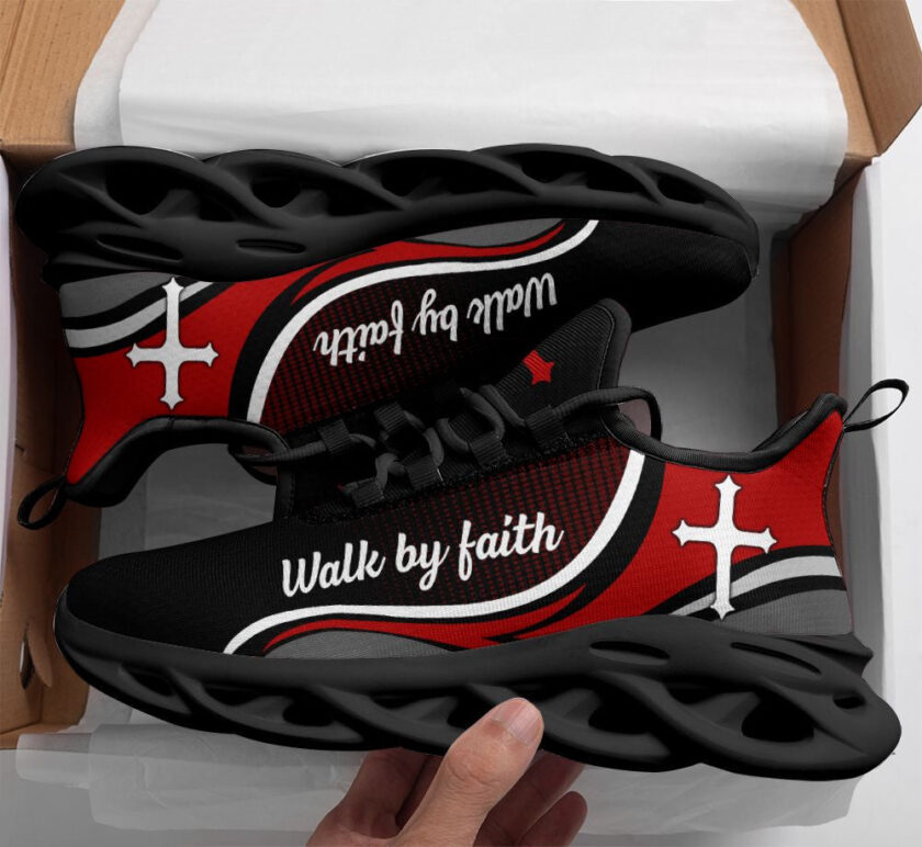 Jesus Walk By Faith Running Sneakers Red Black Max Soul Shoes  For Men And Women - Image 2