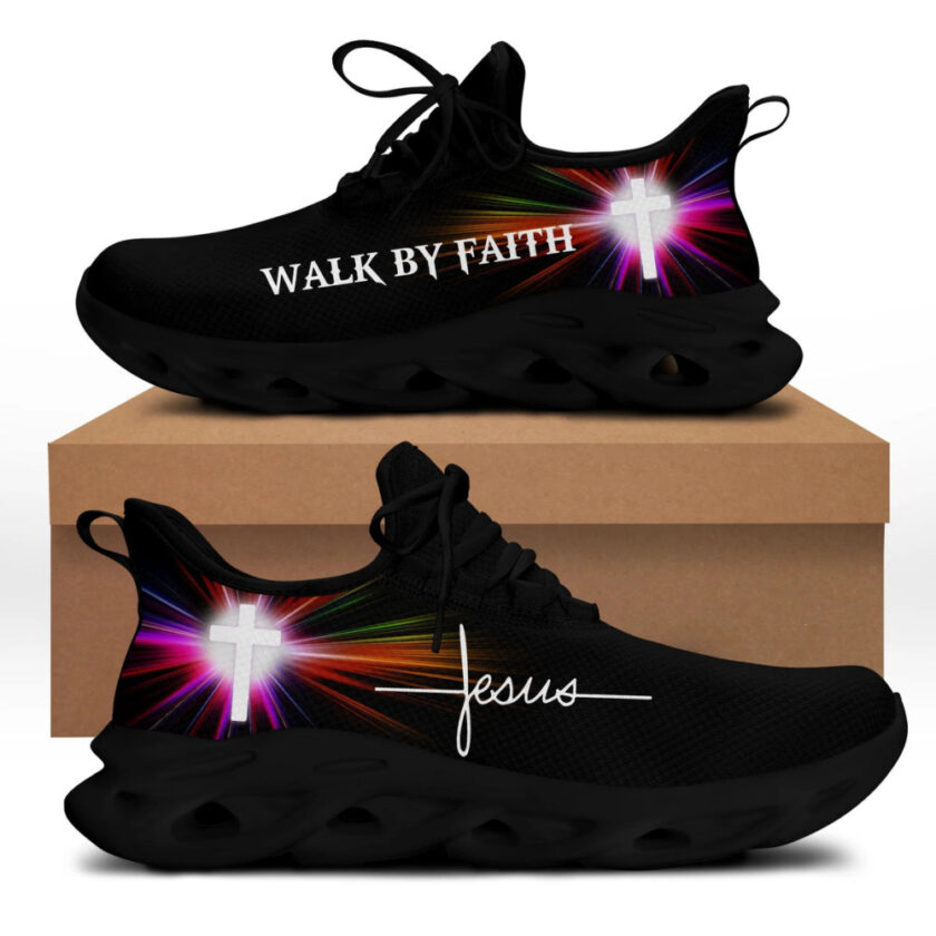 Jesus Walk By Faith Running Sneakers White Black 3 Max Soul Shoes  For Men And Women - Image 4