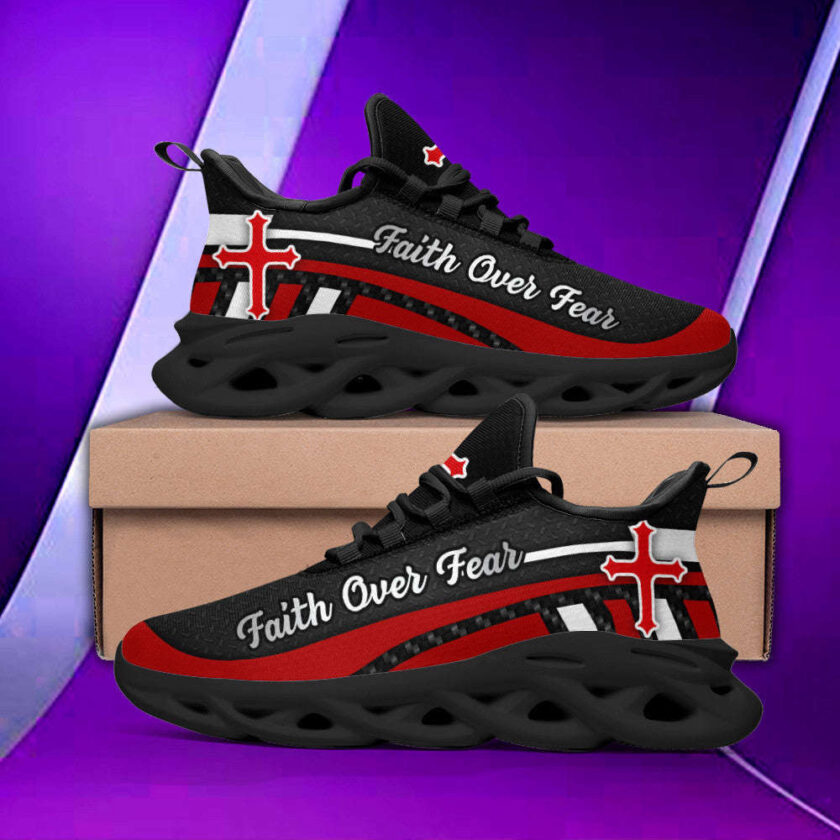 Red Black Jesus Faith Over Fear Running Sneakers Max Soul Shoes  For Men And Women - Image 4