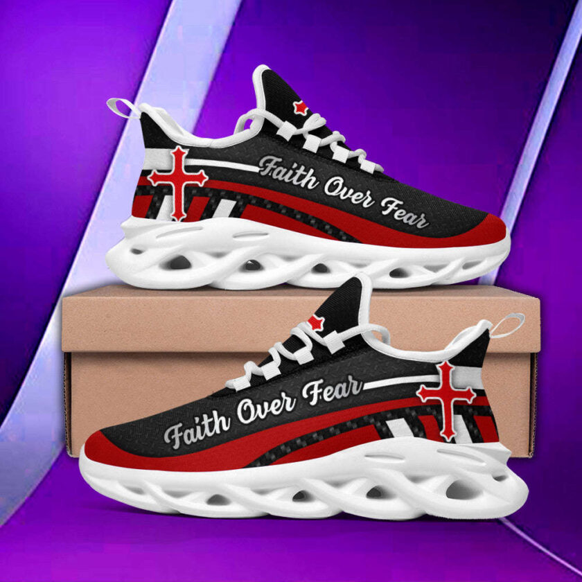Red Black Jesus Faith Over Fear Running Sneakers Max Soul Shoes  For Men And Women - Image 3