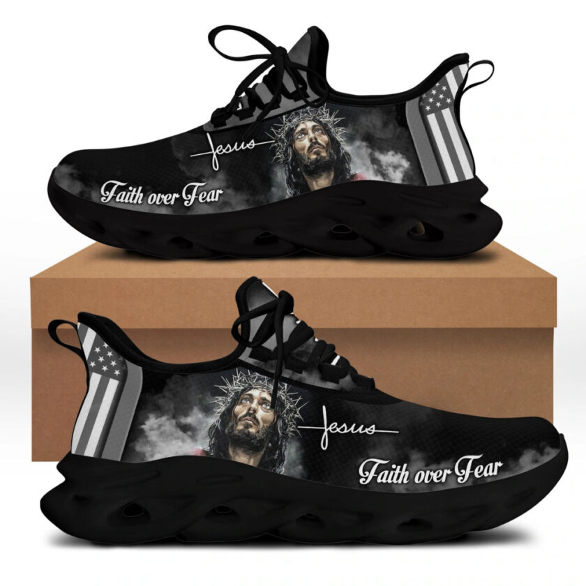 White And Black Jesus Faith Over Fear Running Sneakers Max Soul Shoes  For Men And Women - Image 4