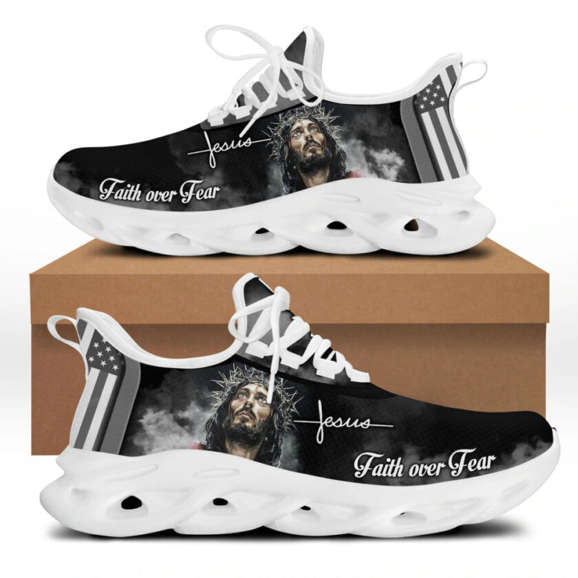 White And Black Jesus Faith Over Fear Running Sneakers Max Soul Shoes  For Men And Women - Image 3
