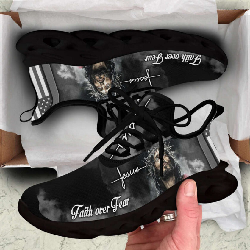 White And Black Jesus Faith Over Fear Running Sneakers Max Soul Shoes  For Men And Women - Image 2